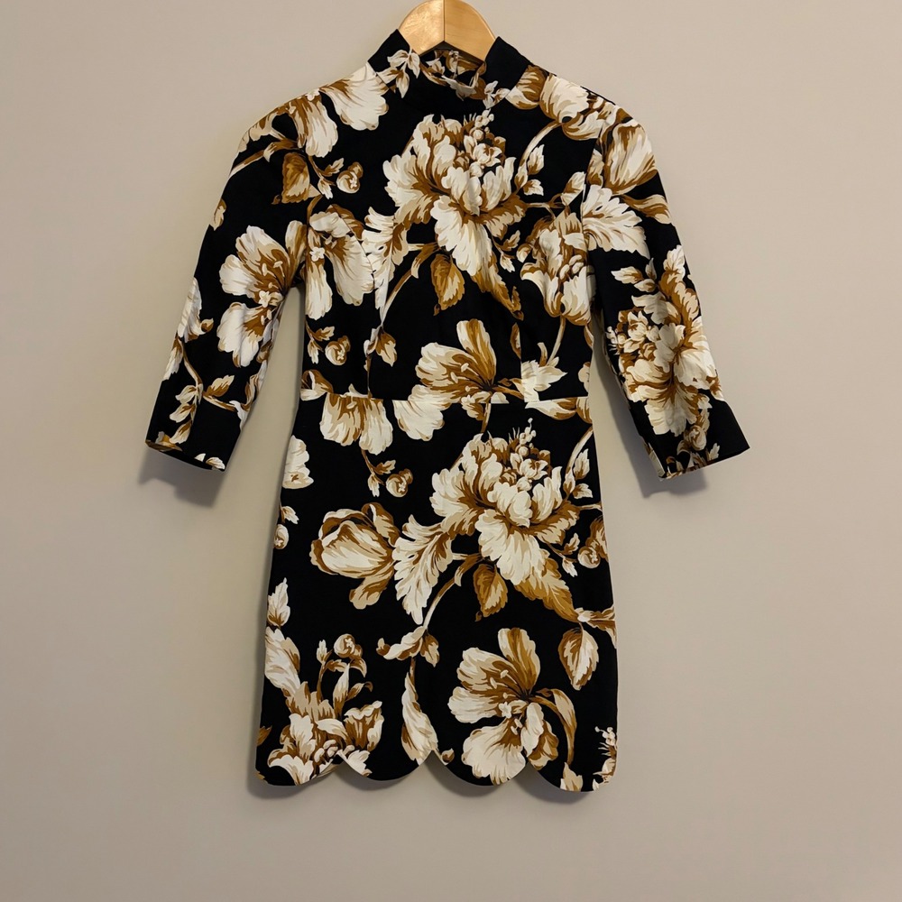Maeve Anthropologie Floral Mock Neck Scalloped Mini Dress Open Back Black 0P